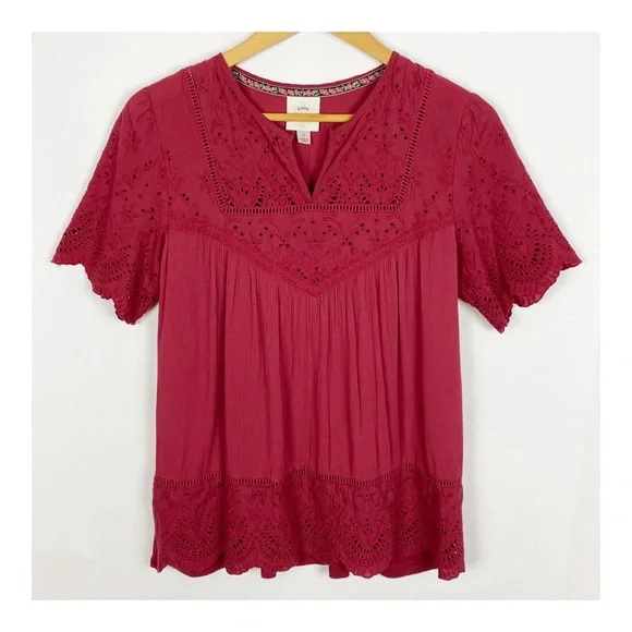 Knox Rose Flutter Sleeve Eyelet Peasant Boho Top Maroon Size Small - Picture 6 of 6